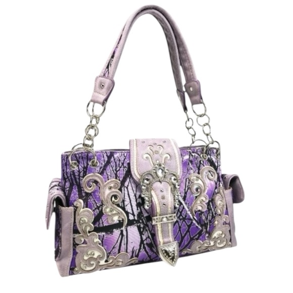 Lavender Camouflage Western Camo Rhinestone Buckle Shoulder Conceal Carry Purse - Picture 2 of 5